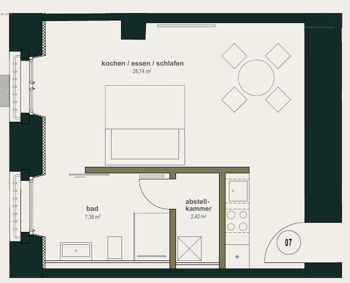 Grundriss Beispielwohnung 1.07, eingeschossig