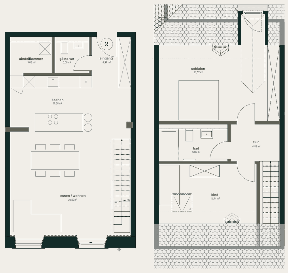 Grundriss Beispielwohnung 1.38, Maisonette über zwei Geschosse