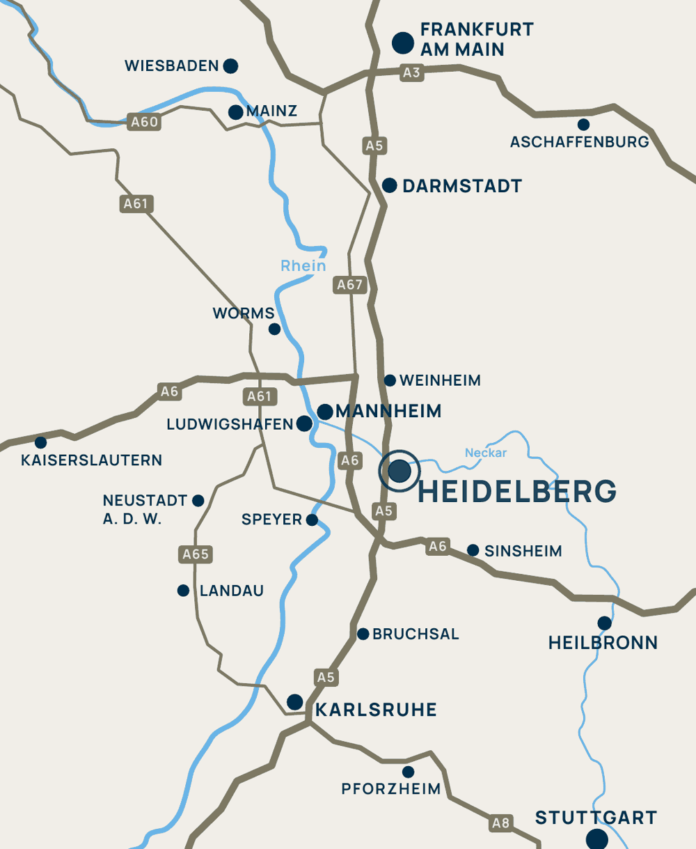 Übersichtskarte der Region zwischen Frankfurt, Mannheim, Heidelberg, Karlsruhe und Stuttgart