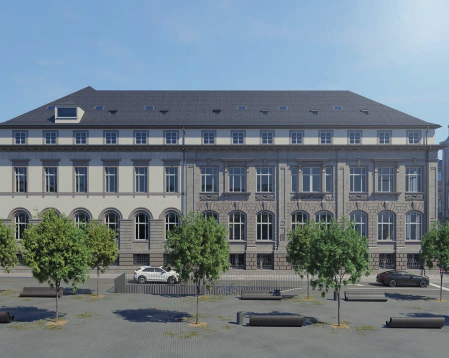 Visualisierung des sanierten Gebäudes mit neuer Platzgestaltung